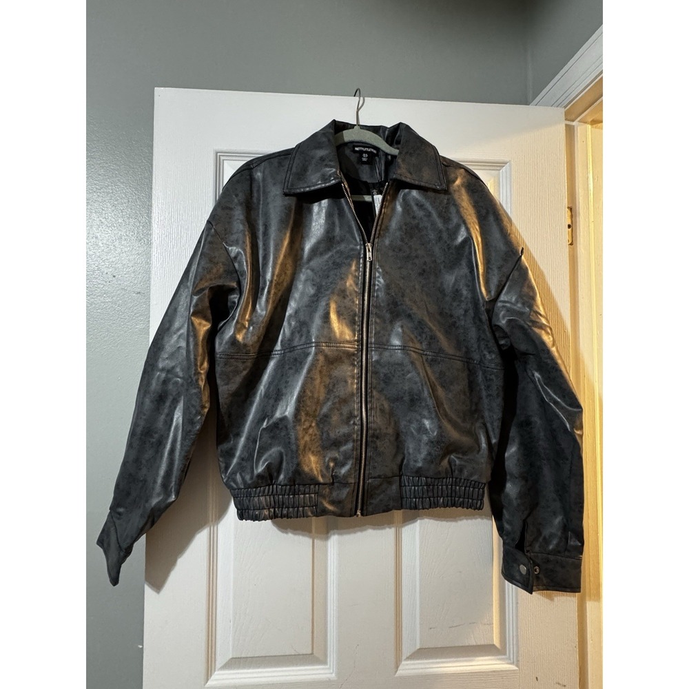 PrettyLittleThing Womens Black Distressed Faux Leather Bomber Jacket Size 6 NEW